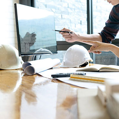 Arkitekter som visar en ritning på en datorskärm